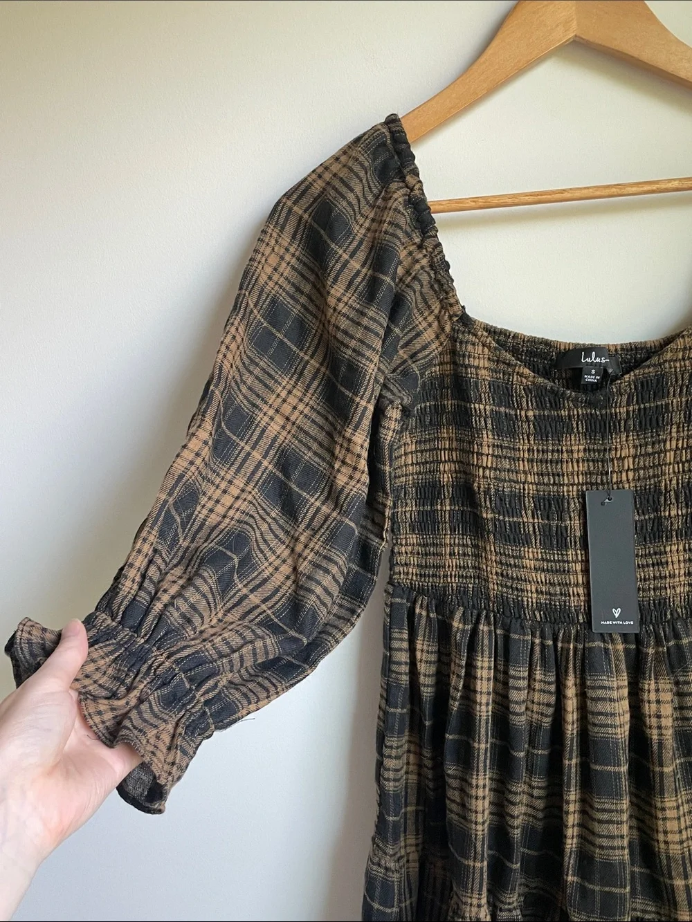 Lulu's Black and Tan Plaid Flannel Smocked Puff-Sleeve Tiered Mini Dress - Picture 3 of 5